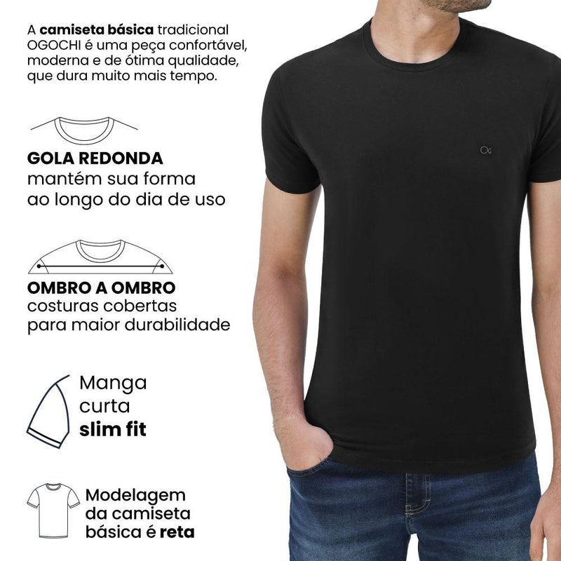 Camiseta Básica Slim Fit Gola Redonda Azul M Ogochi